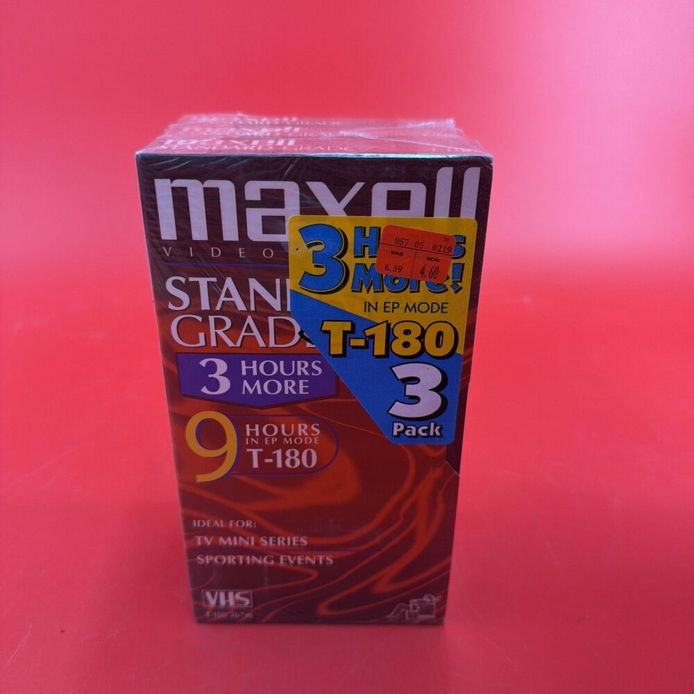 Maxell Standard Grade T-180 VHS Tapes 3 Pack New Sealed Blank Videocassettes NOS